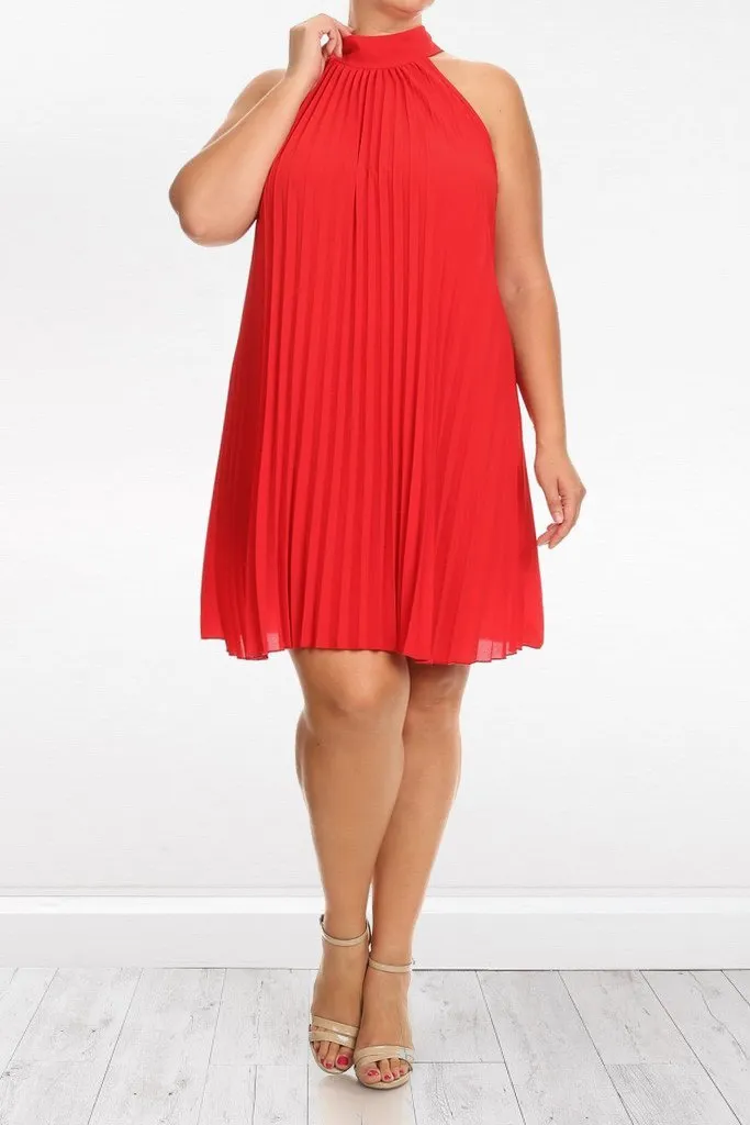 Relaxed Pleated Back Neck Tie Plus Size Dress