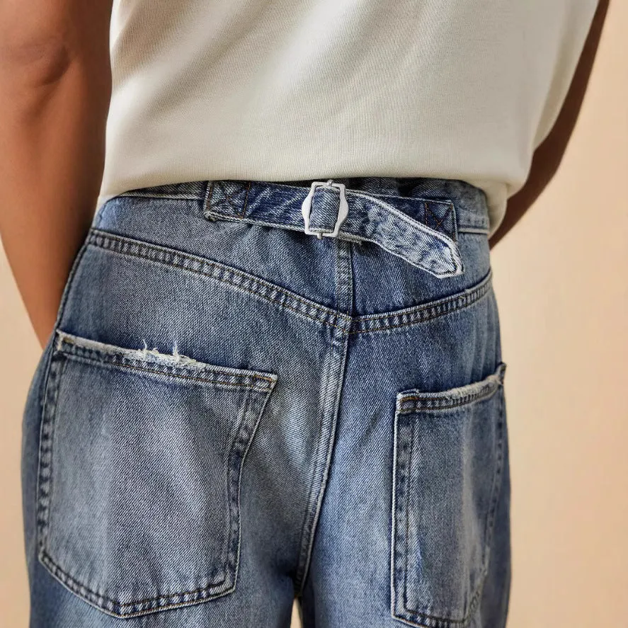 Retro Washed Distressed Loose Wide Leg Jeans