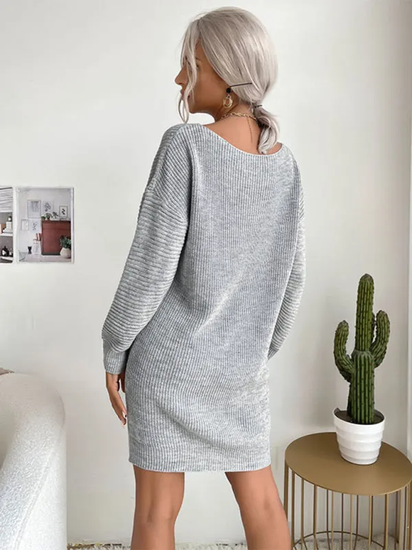 Ribbed Knit Long Sleeve Mini Dress with Relaxed Fit
