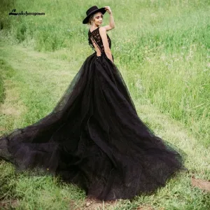 Roycebridal Lakshmigown Gothic Black Wedding Dress 2021 Robe Blanche Sexy Bridal Dress Lace Bodice Boho Country Style Wedding Gown Open Back