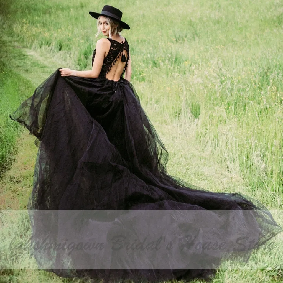 Roycebridal Lakshmigown Gothic Black Wedding Dress 2021 Robe Blanche Sexy Bridal Dress Lace Bodice Boho Country Style Wedding Gown Open Back