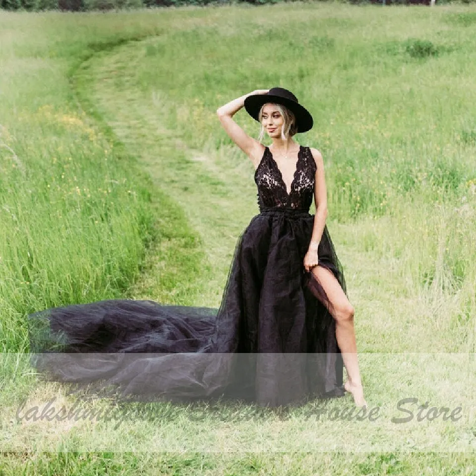 Roycebridal Lakshmigown Gothic Black Wedding Dress 2021 Robe Blanche Sexy Bridal Dress Lace Bodice Boho Country Style Wedding Gown Open Back