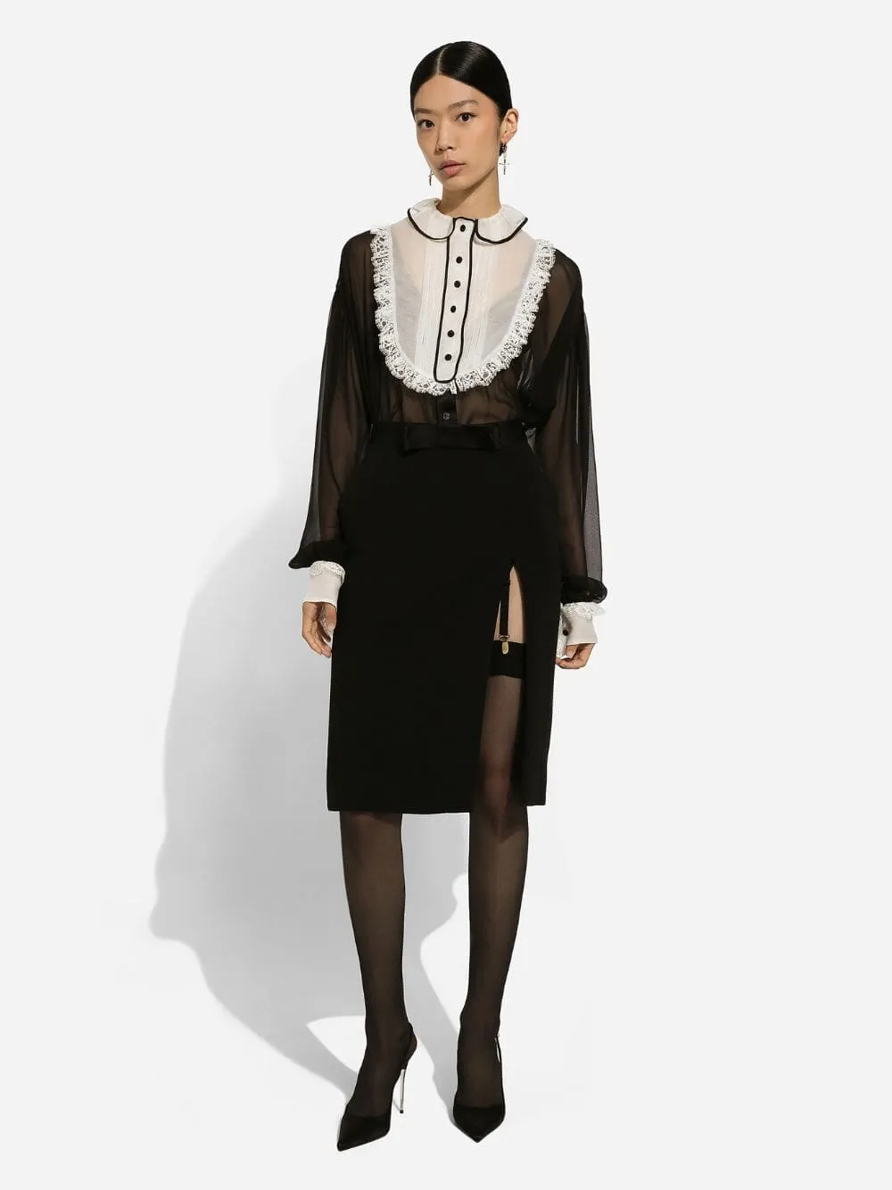 Satin-Waist Wool Pencil Skirt