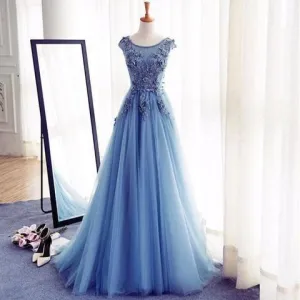 Scoop Neckline Blue Appliques Long A-line Tulle Elegant Prom Dresses, PD0557