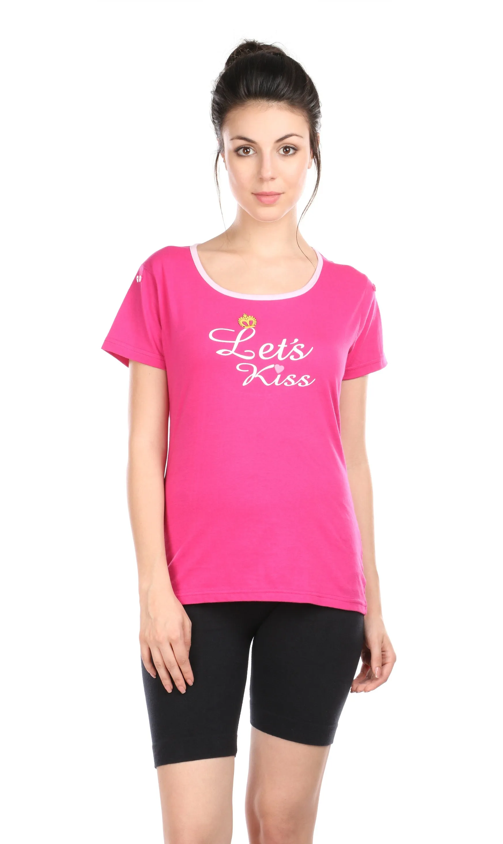 Semantic Women's Cotton T-Shirt - Lets Kiss Print (Slim Fit)