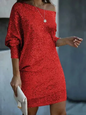 Sequin Mini Dress with Oblique Shoulder and Long Sleeves
