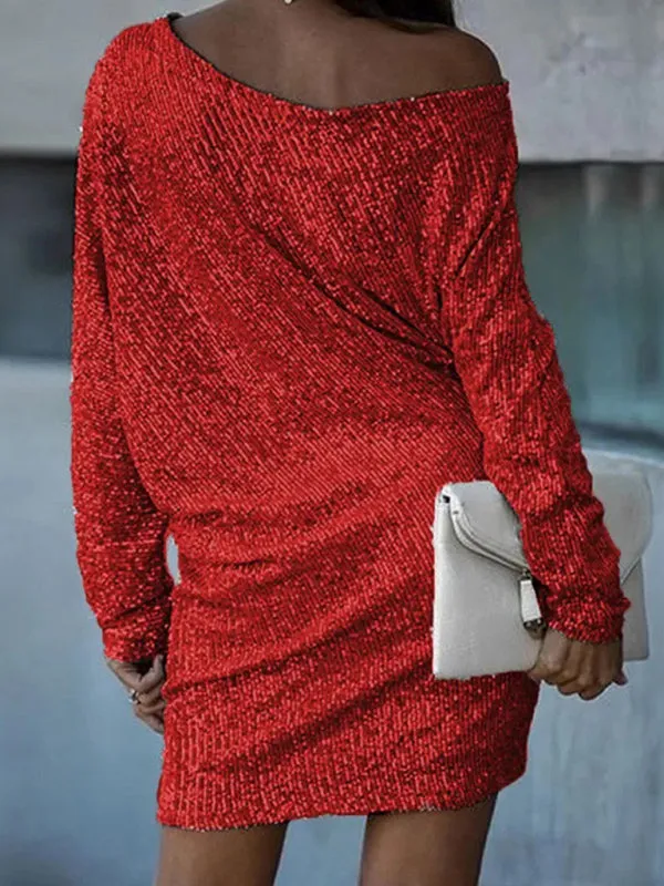 Sequin Mini Dress with Oblique Shoulder and Long Sleeves