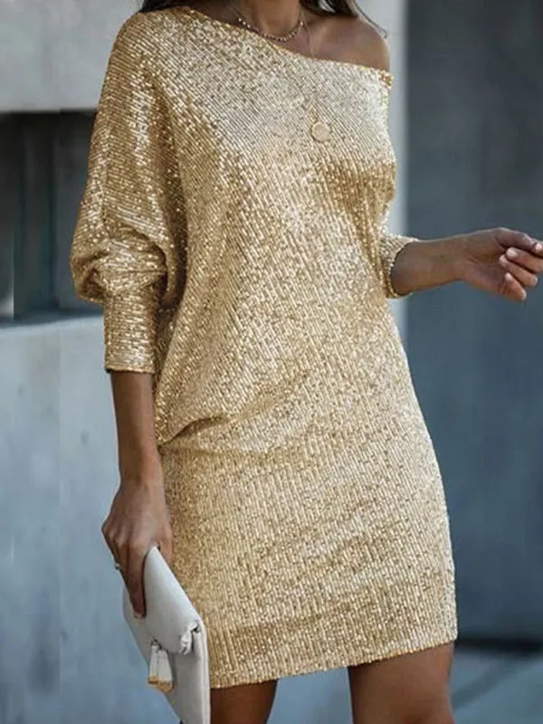 Sequin Mini Dress with Oblique Shoulder and Long Sleeves