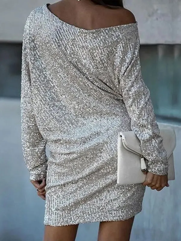 Sequin Mini Dress with Oblique Shoulder and Long Sleeves