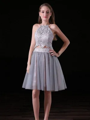 Sexy Two Pieces Backless Grey Short Cheap Homecoming Dresses Online,BDY0347