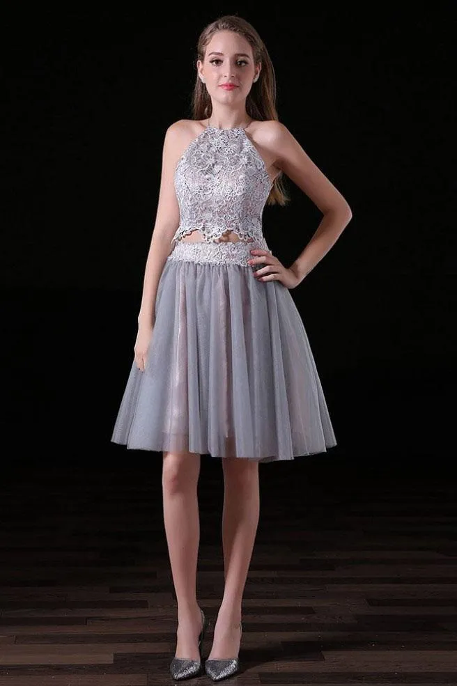 Sexy Two Pieces Backless Grey Short Cheap Homecoming Dresses Online,BDY0347
