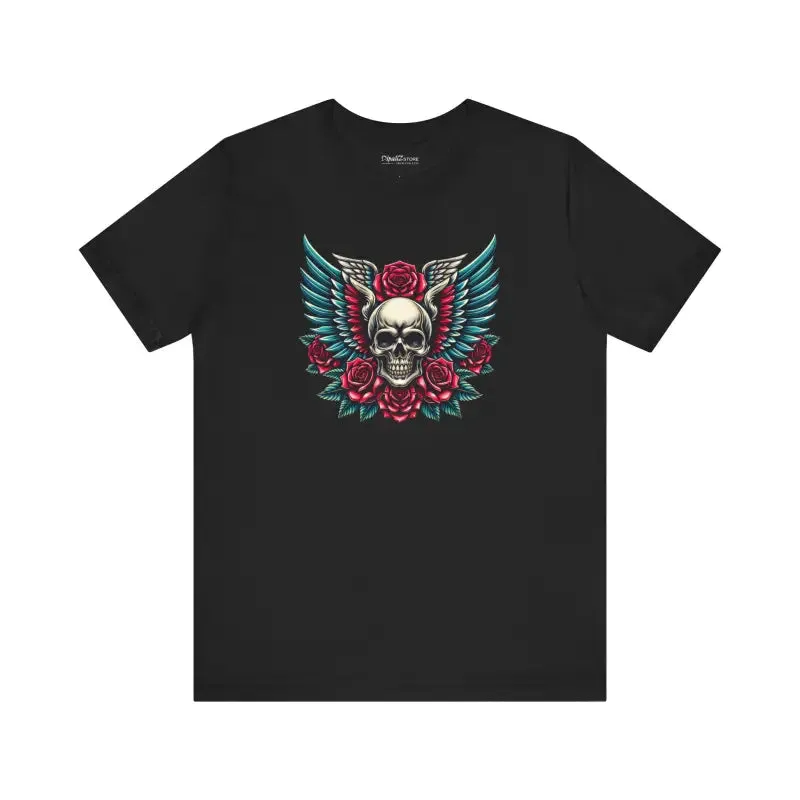 Short Sleeve Tee Skull with Wings and Roses