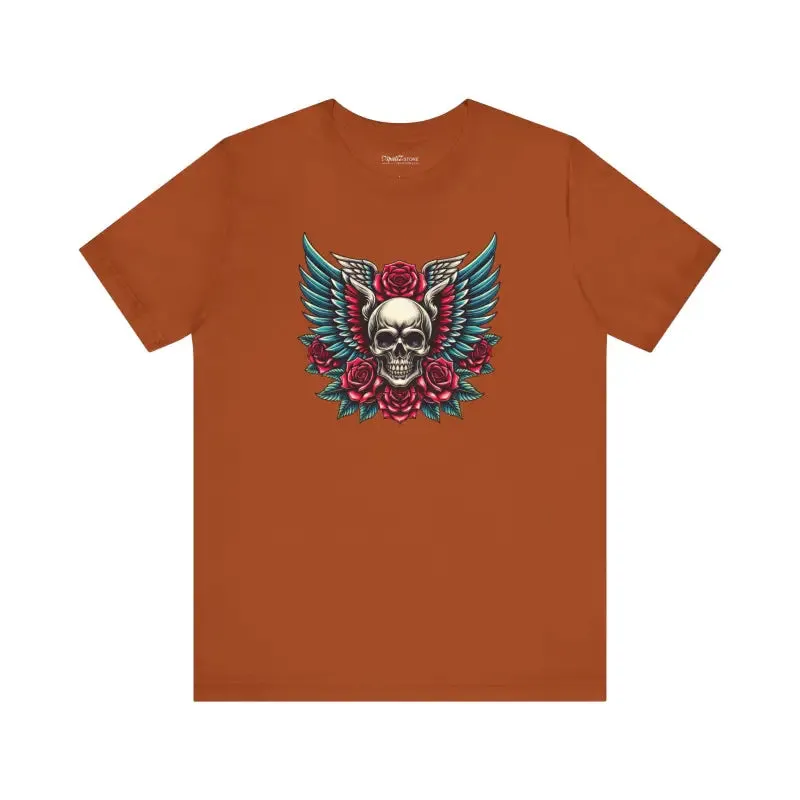Short Sleeve Tee Skull with Wings and Roses