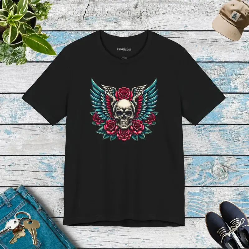 Short Sleeve Tee Skull with Wings and Roses