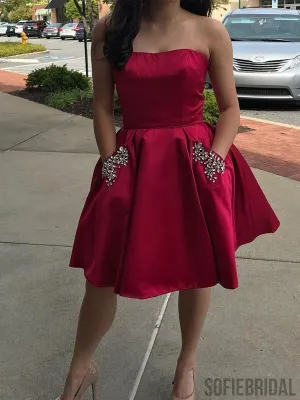 Simple Strapless Cute Cheap Beaded Red Homecoming Dresses, CM450