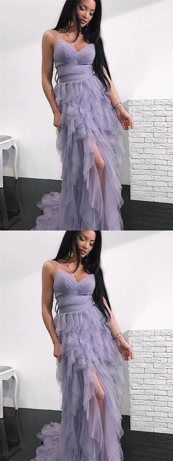 Spaghetti Hi-low Dusty Purple Prom Dresses, Unique Long Prom Dresses, BG0446