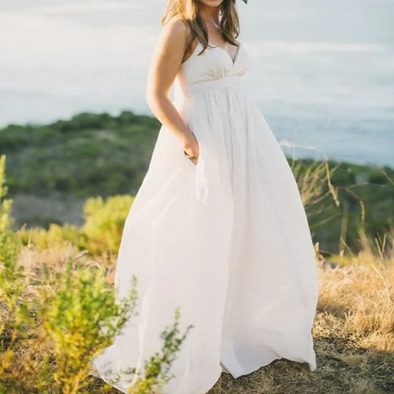 Spaghetti Straps Sweep Train Chiffon Long Cheap Beach Wedding Dresses, TYP0999