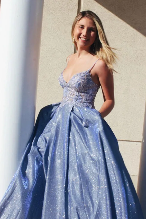 Sparkly Blue A-line Spaghetti Straps Long Prom Dresses with Appliques, SP716