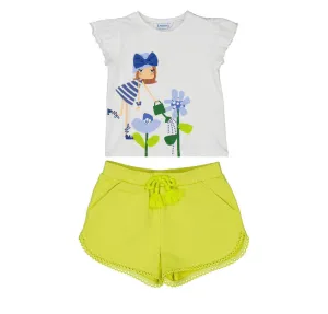 SS25 Mayoral - White T-Shirt and Citrus Sleeve Short Set