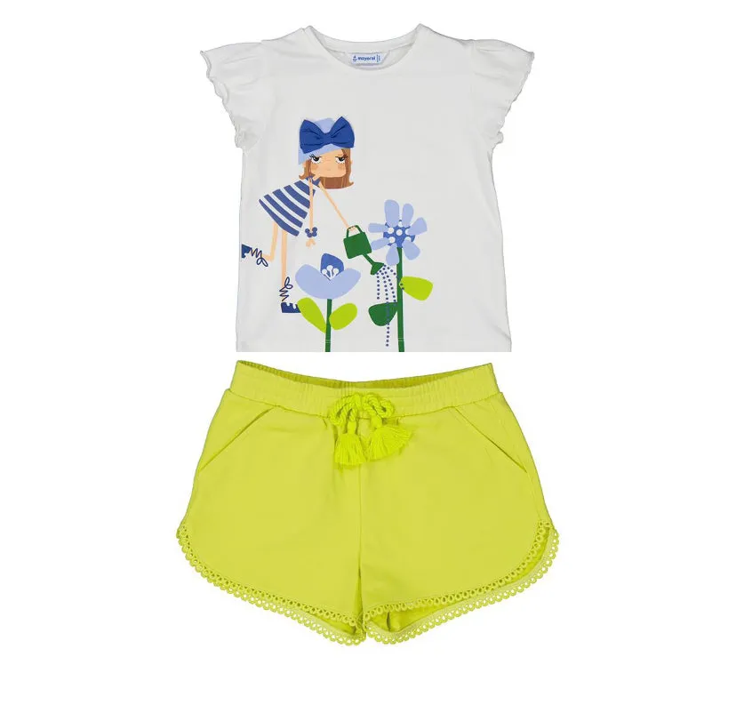 SS25 Mayoral - White T-Shirt and Citrus Sleeve Short Set