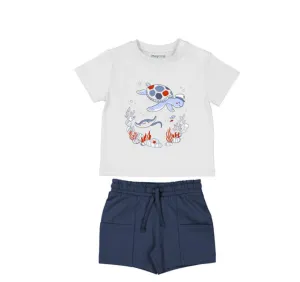 SS25 Mayoral - White T-Shirt with Turtle Print and Navy Shorts with Pockets