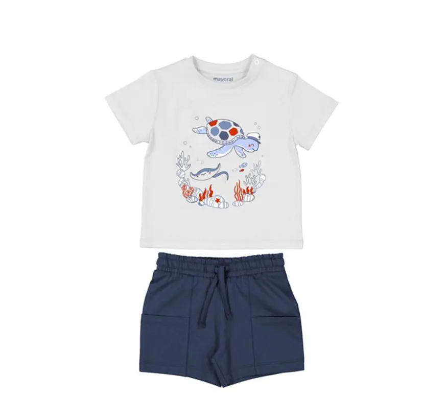 SS25 Mayoral - White T-Shirt with Turtle Print and Navy Shorts with Pockets