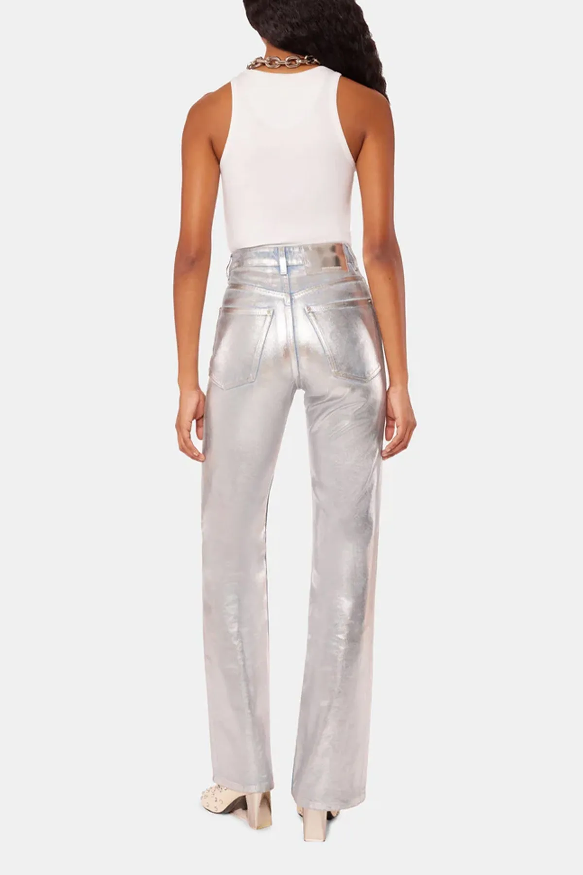 Straight Metallic Paint Effect Jeans in Light Silver
