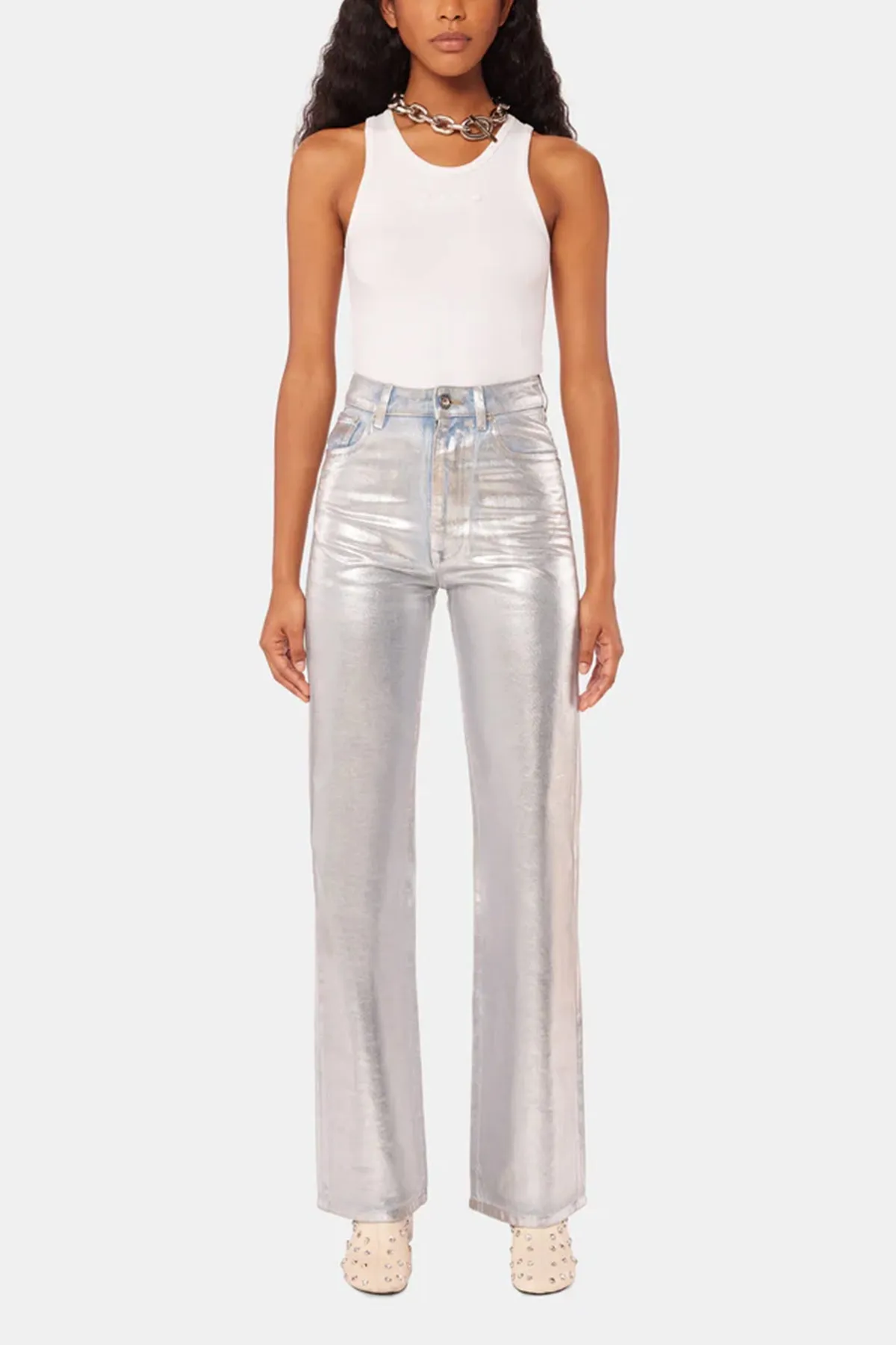 Straight Metallic Paint Effect Jeans in Light Silver