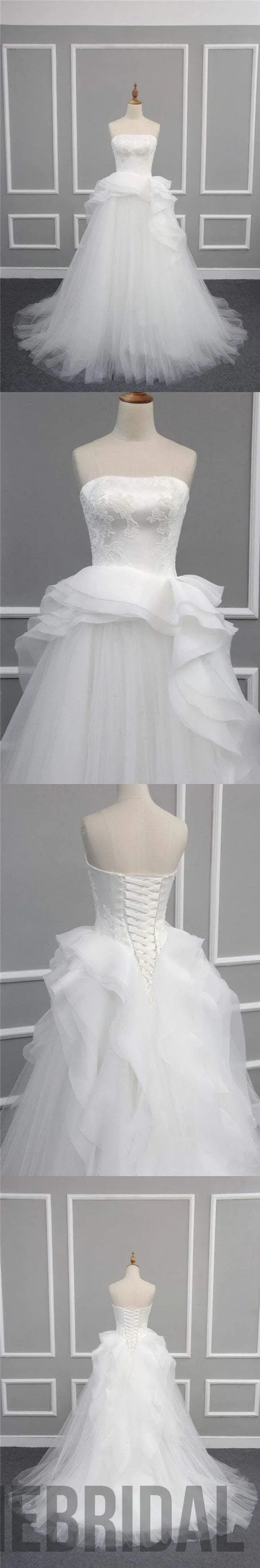 Straight Neckline Off White Lace Top A-line Tulle Gorgeous Lace Up Wedding Dresses, WD0232