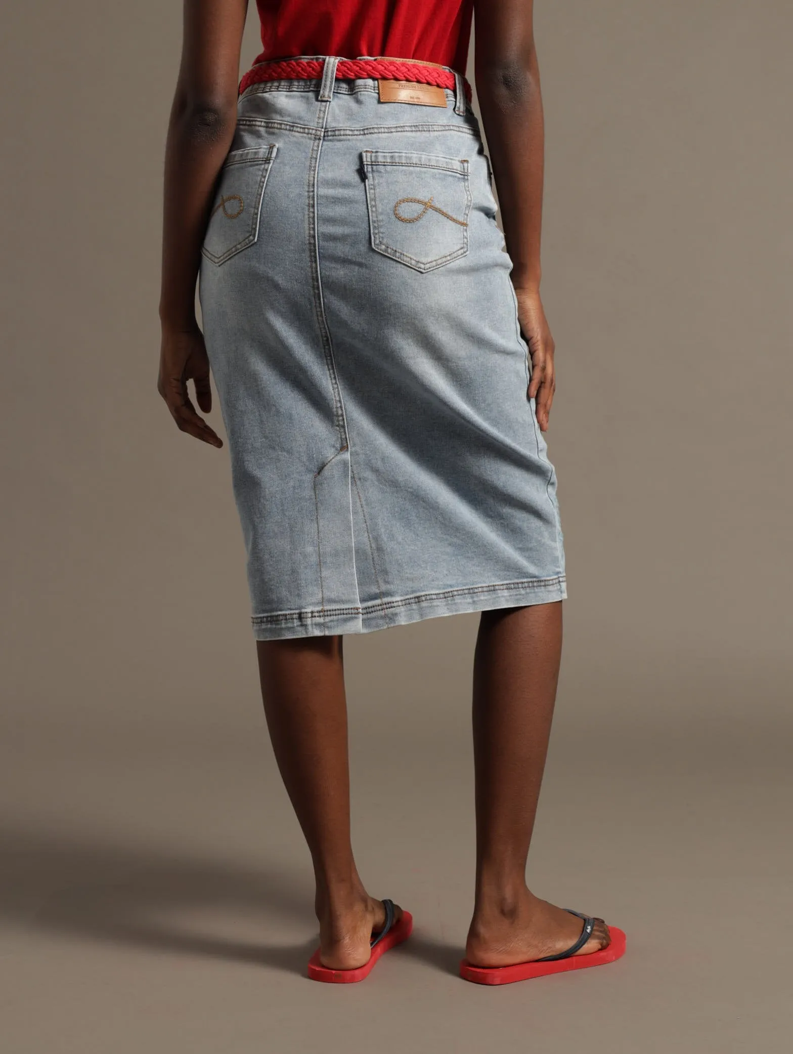 Stretch Denim Straight Longer Embroidered Skirt - Stonewash