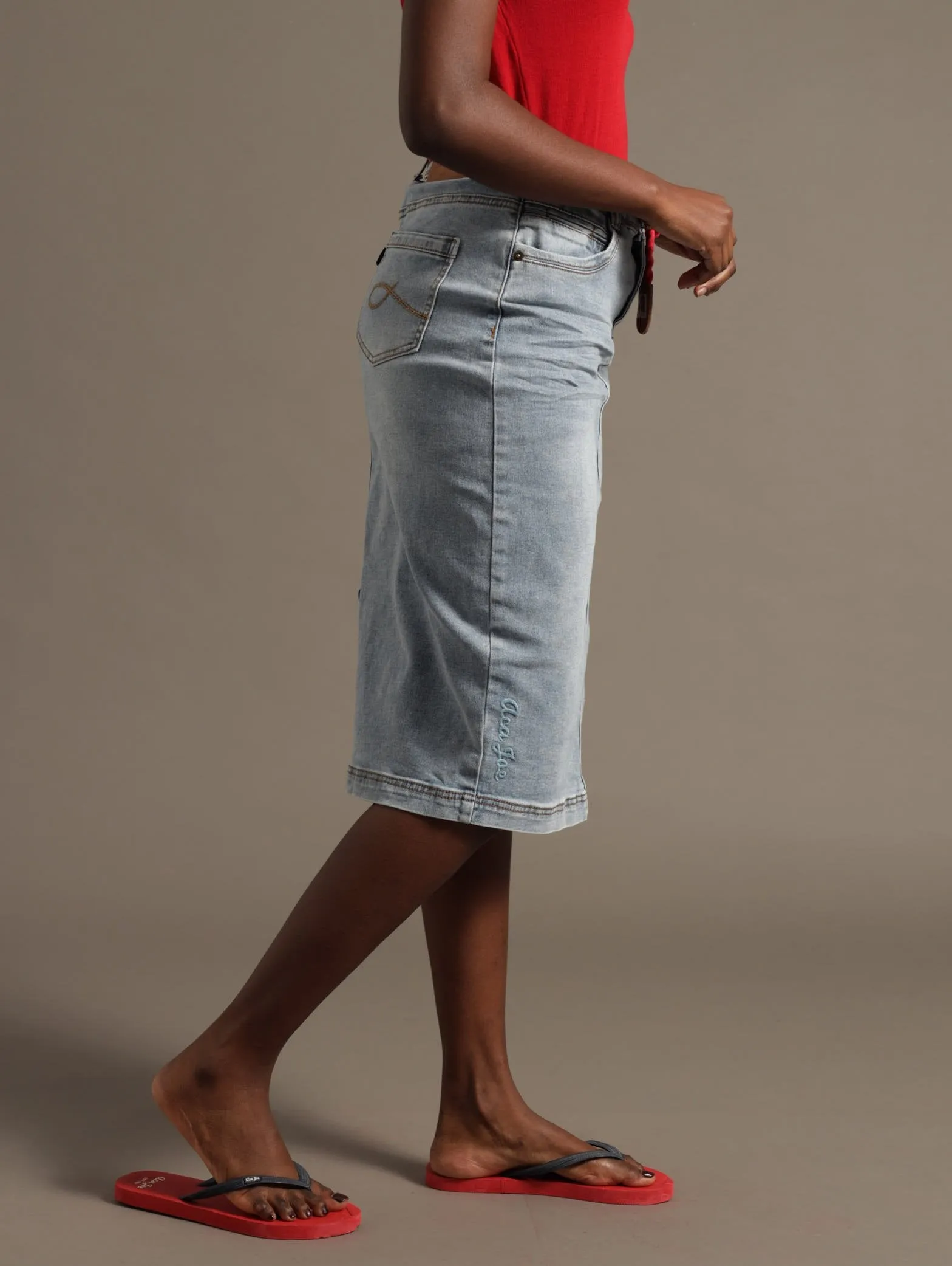 Stretch Denim Straight Longer Embroidered Skirt - Stonewash