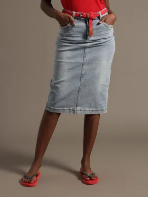 Stretch Denim Straight Longer Embroidered Skirt - Stonewash