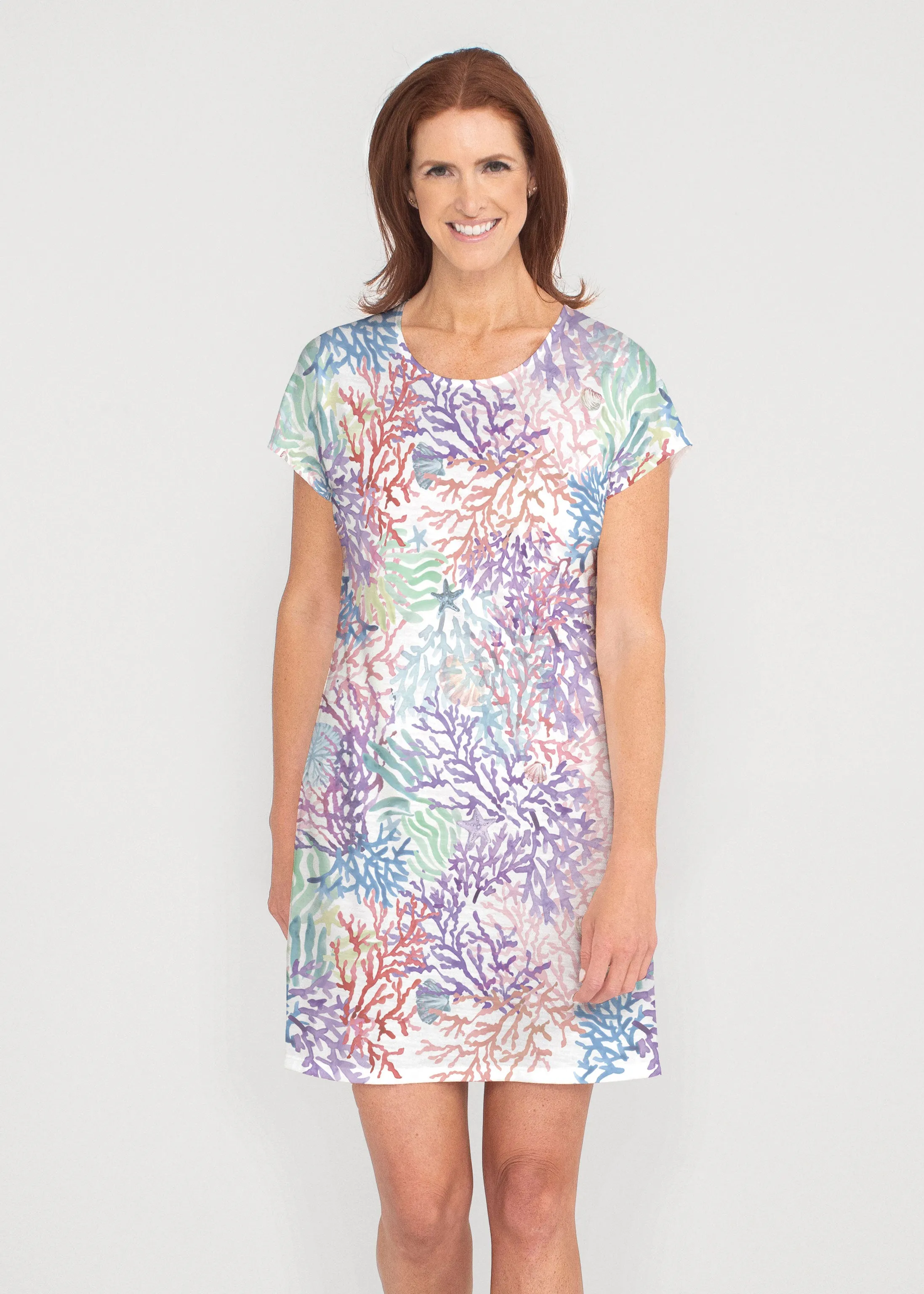 Tropic Coral (8112) ~ French Terry Short Sleeve Crew Dress