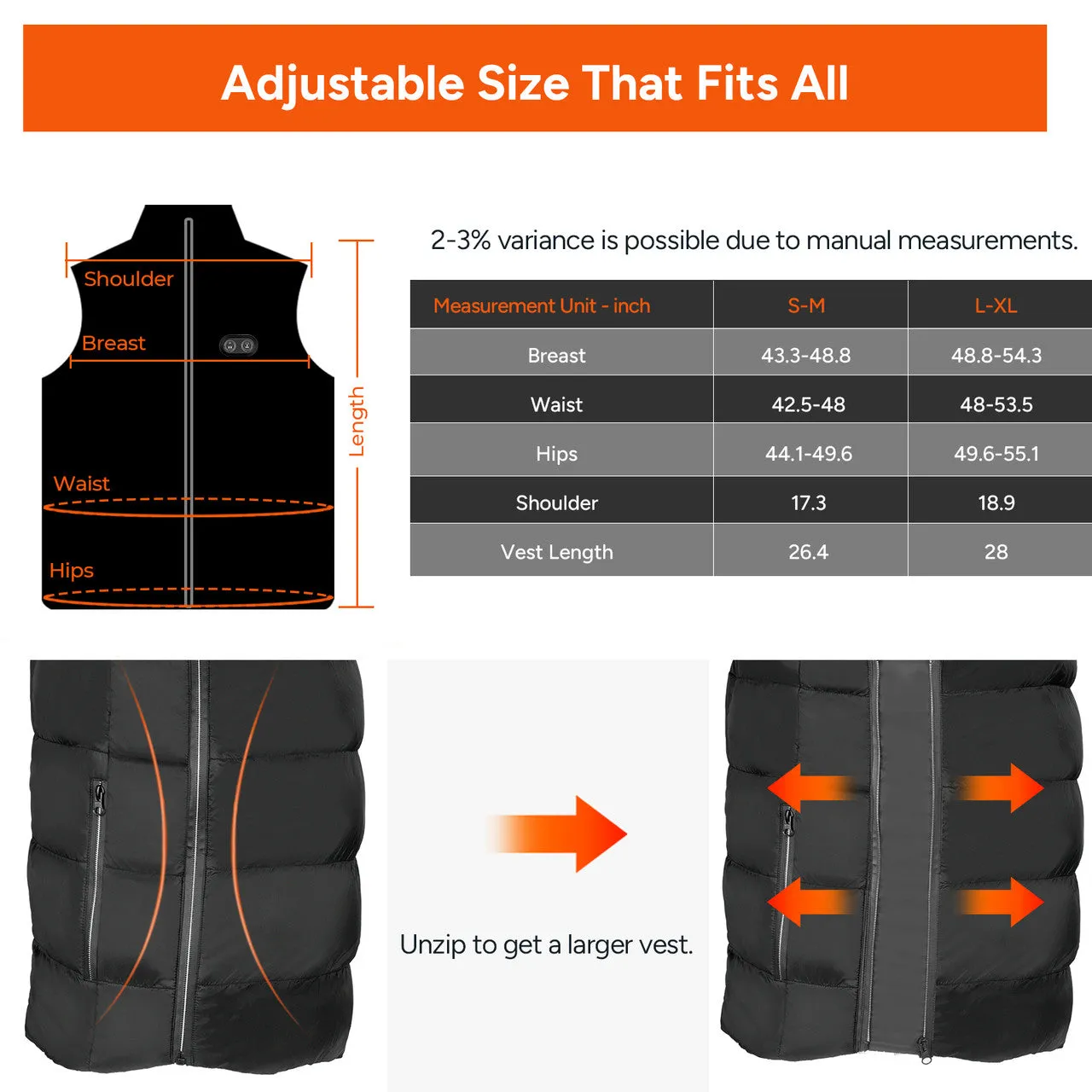 USB Electric Unisex Heated Vest with 10 Heating Zones