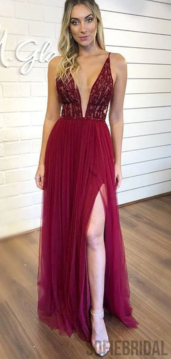 V-neck Beaded Long A-lie Tulle Side Slit Prom Dresses, PD0902