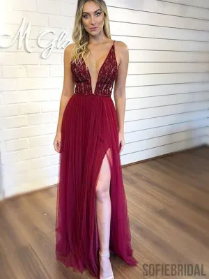 V-neck Beaded Long A-lie Tulle Side Slit Prom Dresses, PD0902