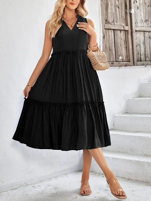 V-Neck Sleeveless Midi Dress with Tiered Skirt