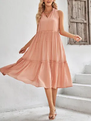 V-Neck Sleeveless Midi Dress with Tiered Skirt