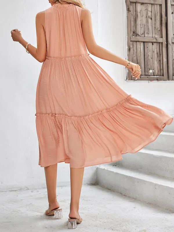 V-Neck Sleeveless Midi Dress with Tiered Skirt