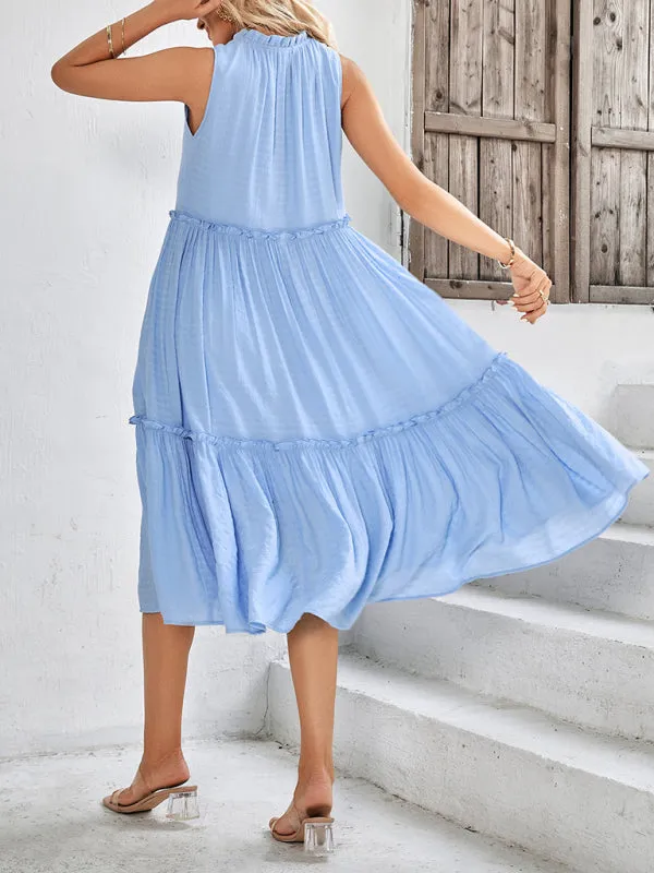 V-Neck Sleeveless Midi Dress with Tiered Skirt