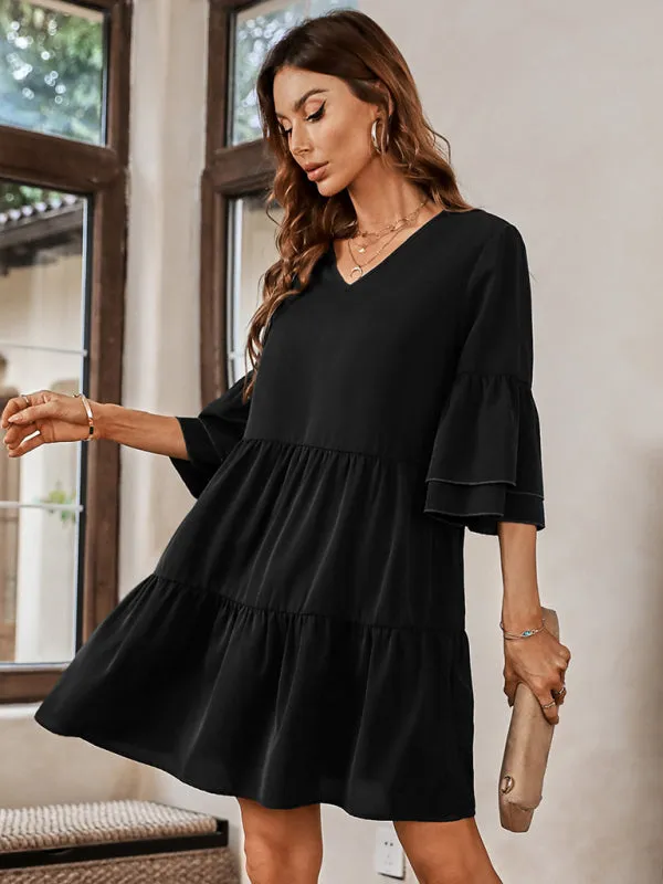 V-Neck Tiered Dress with Bell Sleeves