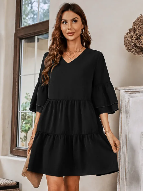 V-Neck Tiered Dress with Bell Sleeves