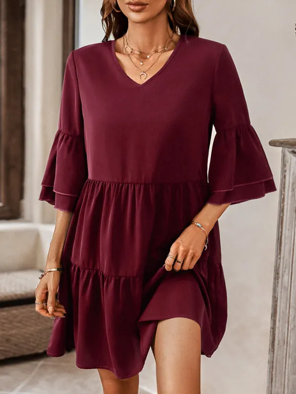 V-Neck Tiered Dress with Bell Sleeves
