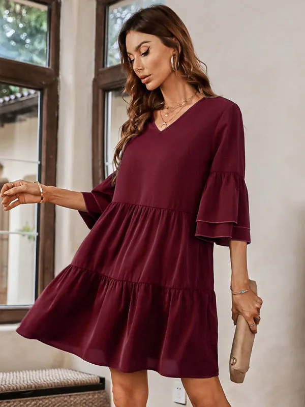 V-Neck Tiered Dress with Bell Sleeves