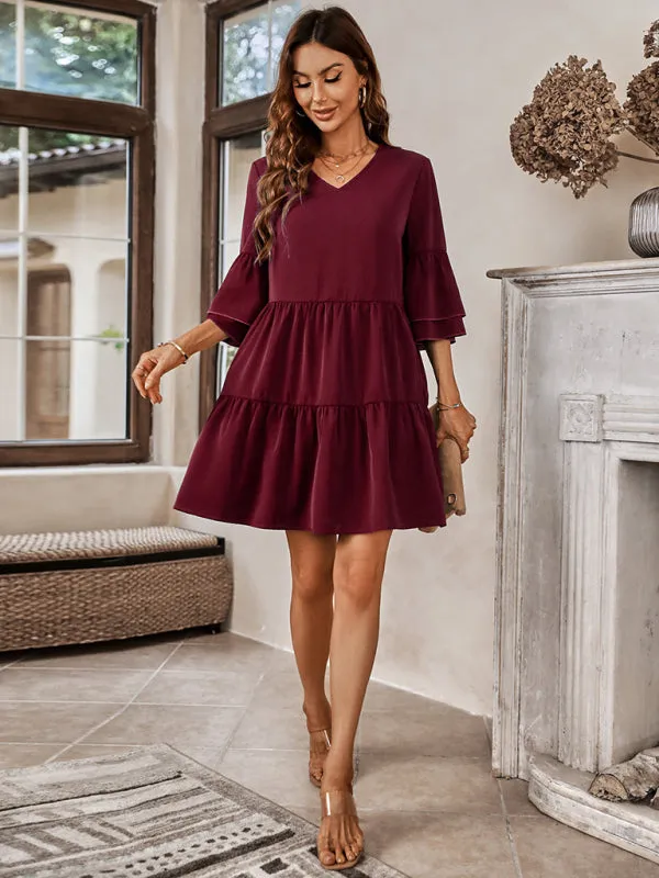 V-Neck Tiered Dress with Bell Sleeves