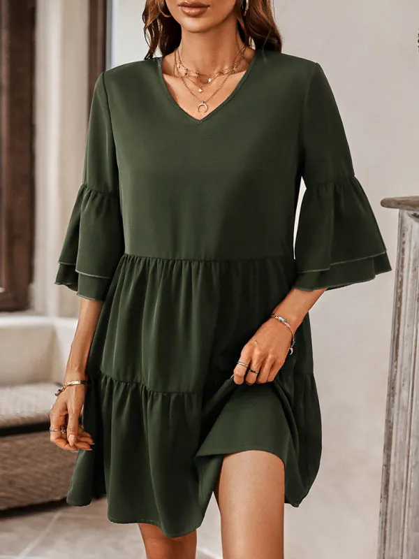 V-Neck Tiered Dress with Bell Sleeves