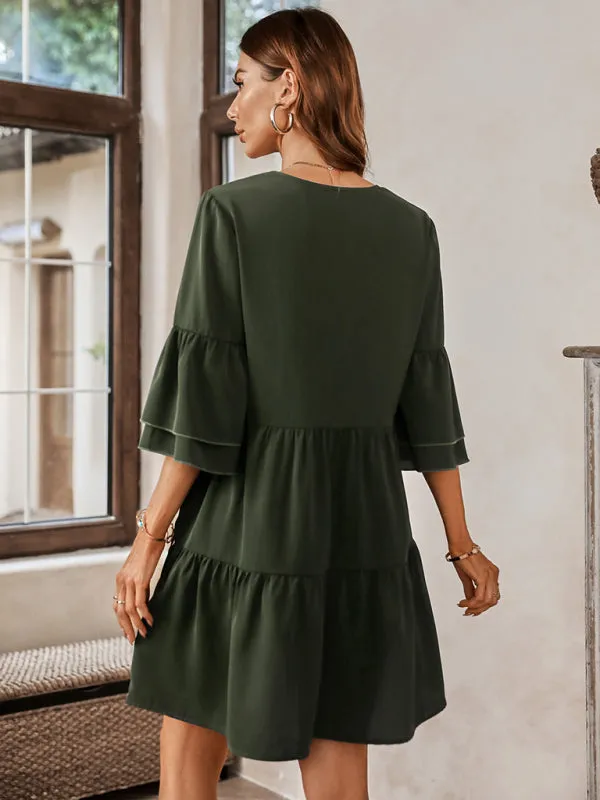 V-Neck Tiered Dress with Bell Sleeves