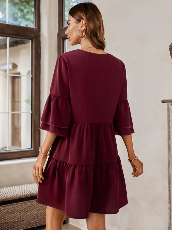 V-Neck Tiered Dress with Bell Sleeves