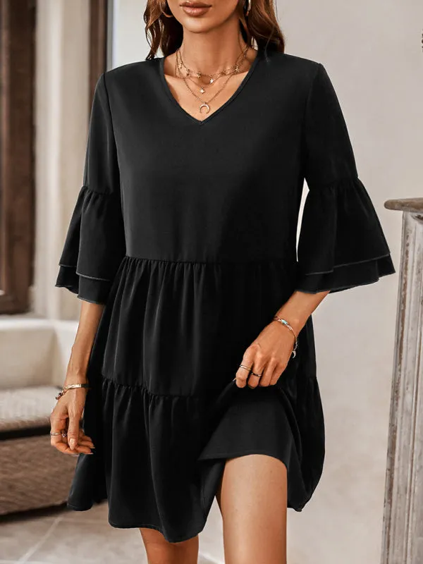 V-Neck Tiered Dress with Bell Sleeves