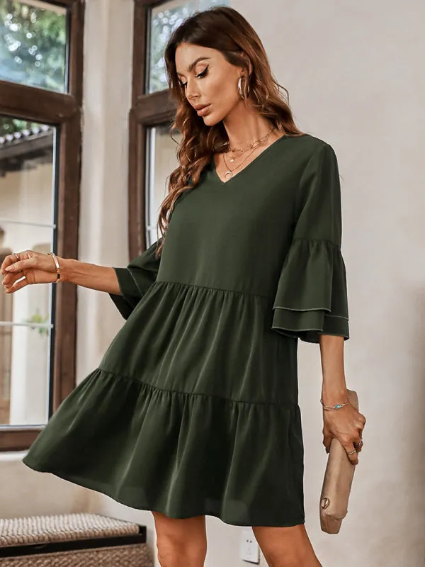 V-Neck Tiered Dress with Bell Sleeves